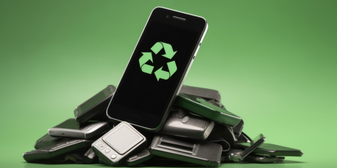 Pile of cell phones in recycling bin